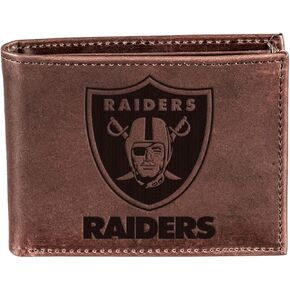 محفظة Evergreen NFL Las Vegas Raiders باللون البني | ثنائي الطي | شعار مختوم مرخص رسميًا | مصنوع من الجلد | منظم النقود والبطاقات | يتضمن صندوق الهدايا