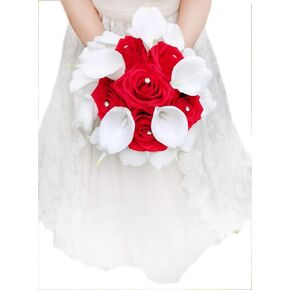 YIFUwedding Bridal Wedding Rose Calla Lily Bouquet Party Decoration Artificial Flowers Bridal Bouquet 9 inch Wedding Bouquet (White)
