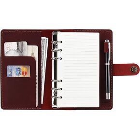 Leather Journal Refillable Writing Notebook, A6 Personal Size 6 Ring Binder Spiral Notebook, Handmade Genuine Leather Refillable Journal Binder Diary, Pocket Binder Traveler Notebook-Brown