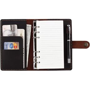 Leather Journal Refillable Writing Notebook, A6 Personal Size 6 Ring Binder Spiral Notebook, Handmade Genuine Leather Refillable Journal Binder Diary, Pocket Binder Traveler Notebook-Brown