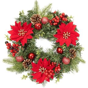 Adeeing 18 Inch Christmas Wreath for Front Door, Christmas Door Wreath with Red and Green Ribbon Berries Pincones Red Ball Ornaments for Door Window Mantle Indoor Outdoor Christmas Decorations
