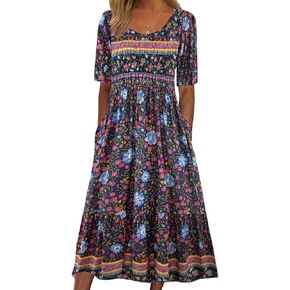 Summer dresses for women 2024 Casual Floral short sleeve A line Maxi dress Boho Beach vacation Sundress with Pockets