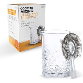 Cocktail 24oz Mixing Glass Set with Jigger, Muddler, Spoon, Hawthorne Strainer & Bamboo Stand - Mixology Pitcher for Stirrer Cocktails - Birthday Gifts for Friends & Family