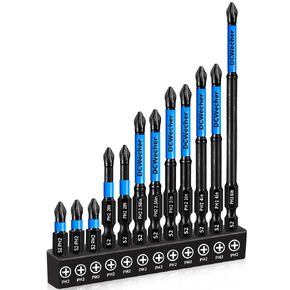 12-Pack 2 Phillips Bits #2 Impact Magnetic, Professional Long Phillips Head Drill & Screwdriver Bit (1-6-Inch), S2 Alloy Steel, CNC Anti-Slip, 1/4" Hex Shank, Ph2 for Impact Driver, by DCWecher