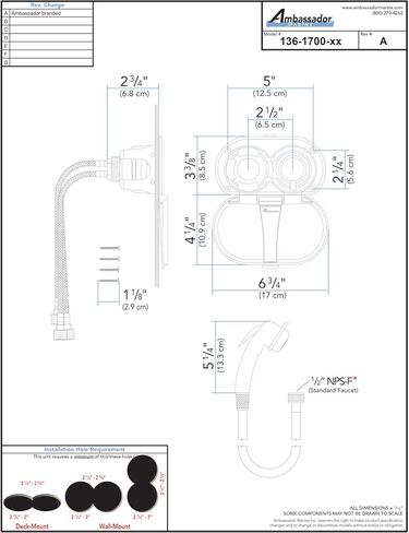 Ambassador Marine Aidack - دش ترانسوم (خلاط ساخن/بارد)، كوب وغطاء أبيض قطبي، بخاخ أبيض قطبي صغير، خرطوم مطاطي أبيض بطول 6 أقدام، مقبض مساعد من الكروم - 136-1700-AW-W in Kuwait