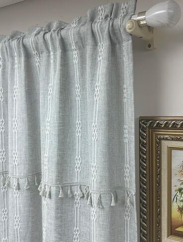 GOHD ستائر نافذة الطريق الريفية بوهو جاكار شريطية شرابة لغرفة المعيشة ستارة نافذة، ستائر مزرعة جيب قضيب لغرفة النوم 3 مقاسات، قطن وكتان مثل الملمس (63 بوصة، أزرق) in Kuwait