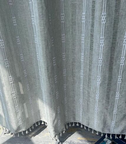 GOHD ستائر نافذة الطريق الريفية بوهو جاكار شريطية شرابة لغرفة المعيشة ستارة نافذة، ستائر مزرعة جيب قضيب لغرفة النوم 3 مقاسات، قطن وكتان مثل الملمس (63 بوصة، أزرق) in Kuwait