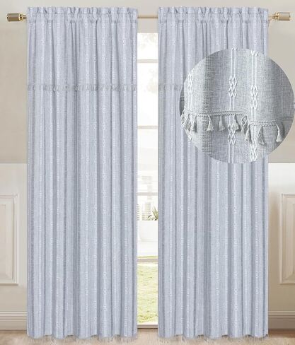 GOHD ستائر نافذة الطريق الريفية بوهو جاكار شريطية شرابة لغرفة المعيشة ستارة نافذة، ستائر مزرعة جيب قضيب لغرفة النوم 3 مقاسات، قطن وكتان مثل الملمس (63 بوصة، أزرق) in Kuwait