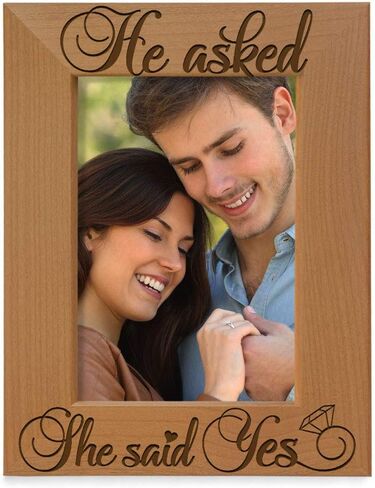 KATE POSH - He Asked, She Said Yes Engraved Natural Wood Picture Frame - Engagement Gifts, Best Friends Gifts, Valentine's Day Gifts, Christmas Gifts, Future Mr. & Mrs. Gifts (4x6-Horizontal) in Saudi Arabia