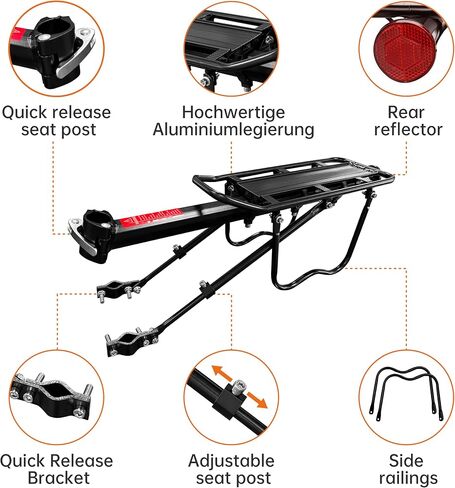 Rear Bike Rack, Aluminum Alloy Bike Cargo Pannier Rack for Back of Bike 110 Lb Quick Release Bike Reflective Adjustable Luggage Touring Carrier Cargo Rack Mountain Road Bicycle Rack Black in Kuwait