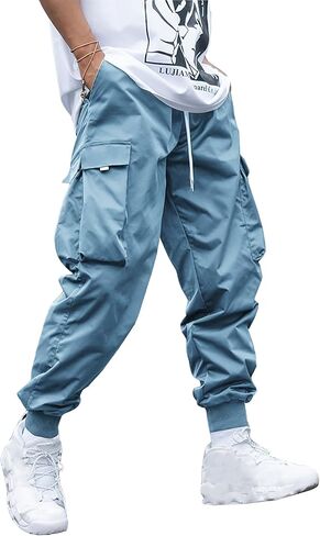 WZIKAI Men's Casual Cargo Pants Elastic Waist Drawstring Tapered Pants Athletic Techwear Joggers Pants with Flap Pockets in Kuwait