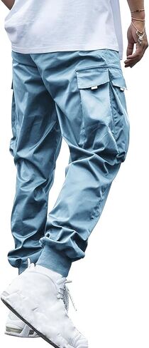 WZIKAI Men's Casual Cargo Pants Elastic Waist Drawstring Tapered Pants Athletic Techwear Joggers Pants with Flap Pockets in Kuwait