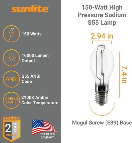 Sunlite 03635-SU LU150/MOG لمبة إضاءة صوديوم عالية الضغط 150 وات، قاعدة موغول (E39)، كود ANSI S55، 16000 لومن، 20000 ساعة حياة، شفاف، 2100 ك in Saudi Arabia