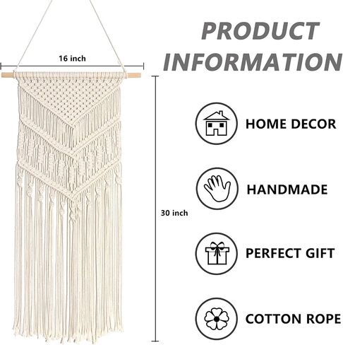 RLoncomix Macrame جدار معلق بوهو فن منسوج يدويًا بشرابة هندسية أنيقة للمنزل والشقة وغرفة النوم وديكور حفلات الحضانة، أبيض، 16 × 30 بوصة in Kuwait