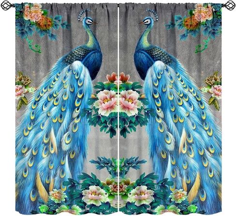JESTRONRY Watercolor Peacock Feather Bathroom Window Curtains,Green Watercolor Printed Theme Home Rod Pocket Window Drapes 2 Panels Set for Living Room Kitchen Bedroom Decor W42xL45in in Saudi Arabia