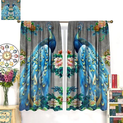 JESTRONRY Watercolor Peacock Feather Bathroom Window Curtains,Green Watercolor Printed Theme Home Rod Pocket Window Drapes 2 Panels Set for Living Room Kitchen Bedroom Decor W42xL45in in Saudi Arabia