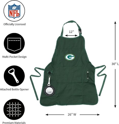 مريلة الشواء النهائية من فريق سبورتس أمريكا NFL Green Bay Packers | فتاحة زجاجات وحامل مشروبات معزول | قماش قطني متين وشديد التحمل 300 جرام في المتر المربع | يمكن غسله في الغسالة | أشرطة قابلة للتعديل in Kuwait