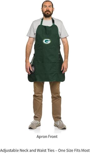مريلة الشواء النهائية من فريق سبورتس أمريكا NFL Green Bay Packers | فتاحة زجاجات وحامل مشروبات معزول | قماش قطني متين وشديد التحمل 300 جرام في المتر المربع | يمكن غسله في الغسالة | أشرطة قابلة للتعديل in Kuwait