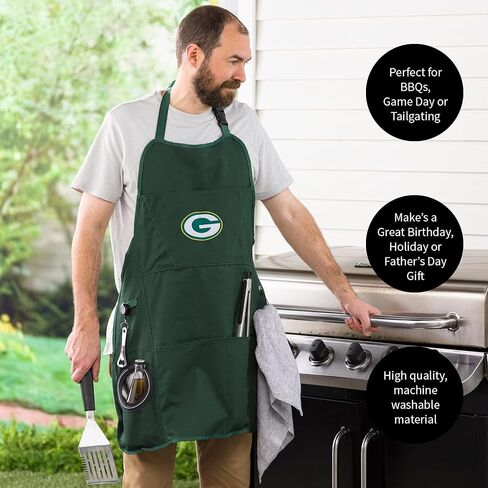 مريلة الشواء النهائية من فريق سبورتس أمريكا NFL Green Bay Packers | فتاحة زجاجات وحامل مشروبات معزول | قماش قطني متين وشديد التحمل 300 جرام في المتر المربع | يمكن غسله في الغسالة | أشرطة قابلة للتعديل in Kuwait