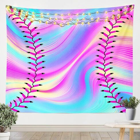 Kids Baseball Wall Hanging Boys Girls Softball Sports Game Tapestry Girly Colorful Tie Dye Wall Tapestry Teens Men Baseball Gaming Wall Art Decor for Bedroom Living Room, Rainbow Decor Medium 59x59 in Saudi Arabia