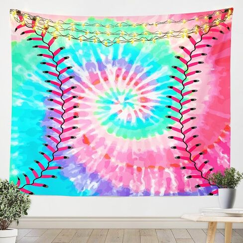 Kids Baseball Wall Hanging Boys Girls Softball Sports Game Tapestry Girly Colorful Tie Dye Wall Tapestry Teens Men Baseball Gaming Wall Art Decor for Bedroom Living Room, Rainbow Decor Medium 59x59 in Saudi Arabia