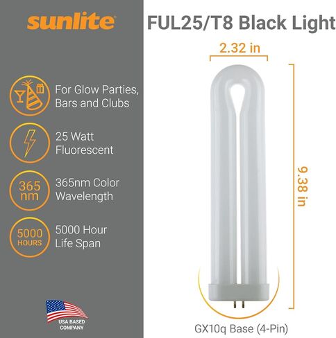 Sunlite 05165-SU FUL25T8 Fluorescent Black Light Bulb, 25 Watts, GX10q 4-Pin Base, UV Light, 365nm Color Wavelength, 5,000 Hour Life Span, Perfect for Bug Zappers, Clubs, Restaurants, Bars, 1 Pack in Kuwait