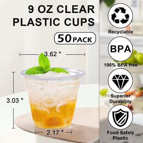 Lamosi 9 Oz Clear Plastic Cups, 50 Count Disposable Plastic Drinking Cups, PET Plastic Party Cups for Cocktail, Wine, Juice, Iced Coffee, Cold Drinks in Saudi Arabia
