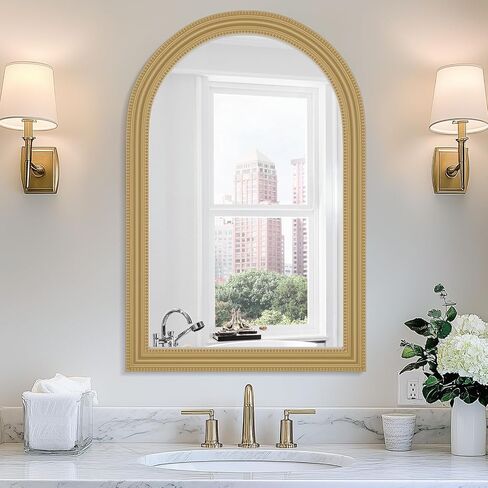 White Arch Bathroom Mirror for Wall Decorative, 24" x 36" White Vintage Mirror with Beaded Frame for Wall Decor Farmhouse Wood Frame Mirror for Entryway, Living Room White in Saudi Arabia