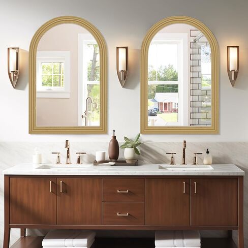 White Arch Bathroom Mirror for Wall Decorative, 24" x 36" White Vintage Mirror with Beaded Frame for Wall Decor Farmhouse Wood Frame Mirror for Entryway, Living Room White in Saudi Arabia
