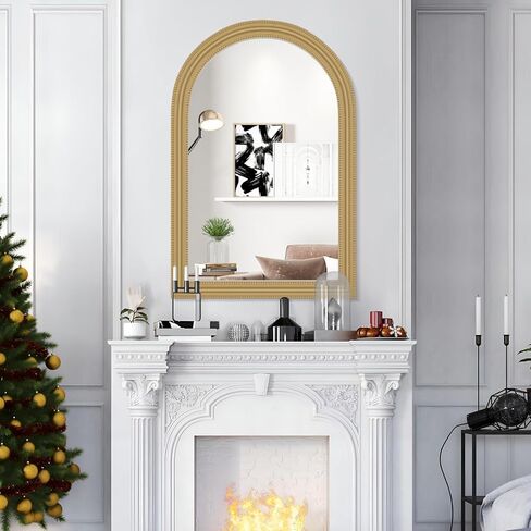 White Arch Bathroom Mirror for Wall Decorative, 24" x 36" White Vintage Mirror with Beaded Frame for Wall Decor Farmhouse Wood Frame Mirror for Entryway, Living Room White in Saudi Arabia