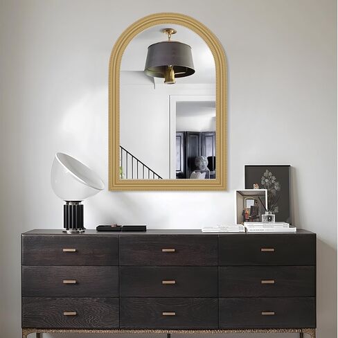 White Arch Bathroom Mirror for Wall Decorative, 24" x 36" White Vintage Mirror with Beaded Frame for Wall Decor Farmhouse Wood Frame Mirror for Entryway, Living Room White in Saudi Arabia