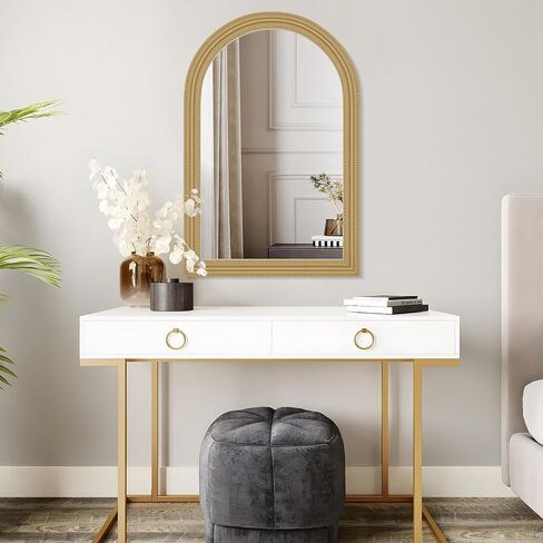 White Arch Bathroom Mirror for Wall Decorative, 24" x 36" White Vintage Mirror with Beaded Frame for Wall Decor Farmhouse Wood Frame Mirror for Entryway, Living Room White in Saudi Arabia