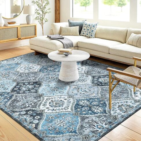 Runner Rug Washable Moroccan Trellis Hallway Runner, Non-Slip Stain Resistant Area Rug Vintage Distressed Floral Floor Cover Carpet for Kitchen Doorway Bedside, 2' x 6', Blue/Grey in Saudi Arabia