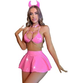 Women's Little Devil Lacquer Leather costume Sexy Hanging Neck Skirt Set Devil Bodysuit and Ear Headban for Halloween