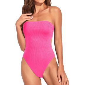 Holipick Ribbed Strapless Cheeky One Piece Swimsuit for Women Bandeau Bathing Suit Sexy Halter High Cut Swimwear