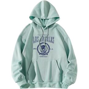 WDIRARA Women's Letter Graphic Print Pocket Drawstring Hoodie Sweatshirts Tops