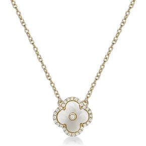 Lavari Jewelers Malachite, Black Onyx or Mother of Pearl and Cubic Zirconia Flower Pendant Necklace for Women in 925 Sterling Silver with Gold Plating on 16 to 18 Inch Adjustable Chain Spring Ring