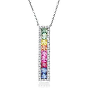 Curved Bar Baguette Necklace for Women 925 Sterling Silver Lab Created Colorful Gemstone Pendant Necklace