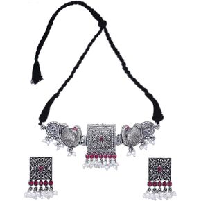 Oxidized Handcrafted Jewellery set Necklace with Earrings|Indian Choker set for Women/Girls Accessories-Silver in Kuwait