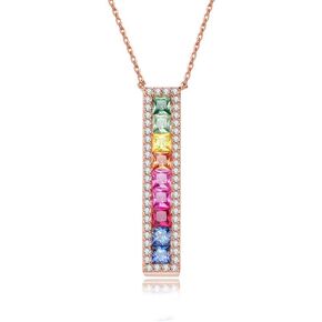 Curved Bar Baguette Necklace for Women 925 Sterling Silver Lab Created Colorful Gemstone Pendant Necklace