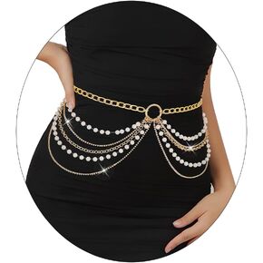 Pearl Waist Chain Gold Women Rhinestone Belt Layered Belly Bracelet Girls Body Jewelry Accessories for Dress