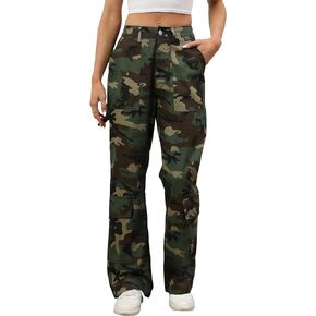 Kedera Women Camo Print Flap Pocket Wide Leg Pants Mid Waist Trousers Casual Boyfriend Cargo Parachute Baggy Pants
