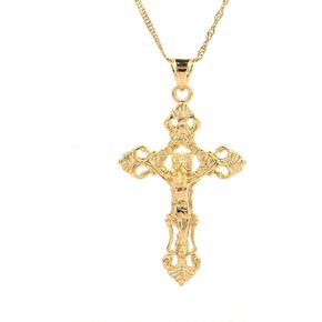 24K Gold Plated Catholic Cross Jesus Christ Cross Pendant Necklace Jewelry for Women