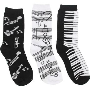 Women's Black White Music Notes, Piano Keys, Instruments Crew Socks, (3Pr) Size: 9-11