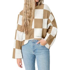 بلوفر نسائي من LILLUSORY موضة 2023 ذو مربعات وأكمام طويلة وفتحة رقبة مستديرة ومخطط كبير الحجم وسترات علوية غير رسمية in Kuwait