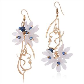 Unique Handmade 14k Gold Asymmetry Human Face White Flower Dangle drop Earrings Bohemian Resin Flower Petal Stud Earrings for Women Girls Teen Statement Jewelry Gifts