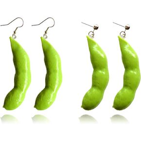 2 pairs Green Edamame Peanut Dangle Earrings sets for Women Girls Resin Food Vegetable Earrings
