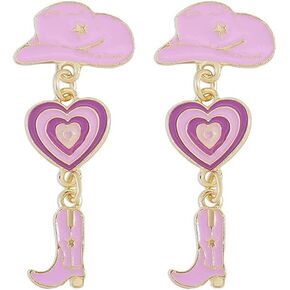 Vintage Western Cowgirl Boot Hat Earrings,Color Enamel Heart Dangle Earrings Multilayer Cowgboy Drop Earrings for Women Girls Jewelry Gifts
