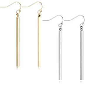 ANDPAI 2 Pairs Handmade Chic Minimalist Vertical Long Bar Dangle Earrings Gold Silver Plated Drop Line Geometric jewelry for Women Girls