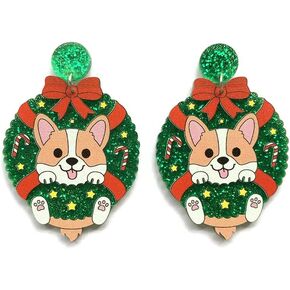 Christmas Garland Theme Drop Dangle Earrings Acrylic Cat Dog Puppy Sloth Pet Animal Red Bow Knot Lucky Star Charm Studs Earring for Women Teen Girls Daughter Xmas Jewelry Gifts Sensitive Ears